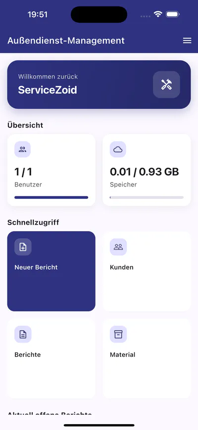 ServiceZoid Dashboard auf dem Smartphone mit Schnellzugriff auf neuen Bericht, Kunden und Material